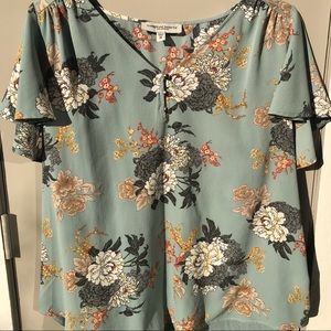 Teal and floral, flutter sleeve blouse, size 2X from Tempted Hearts Los Angeles